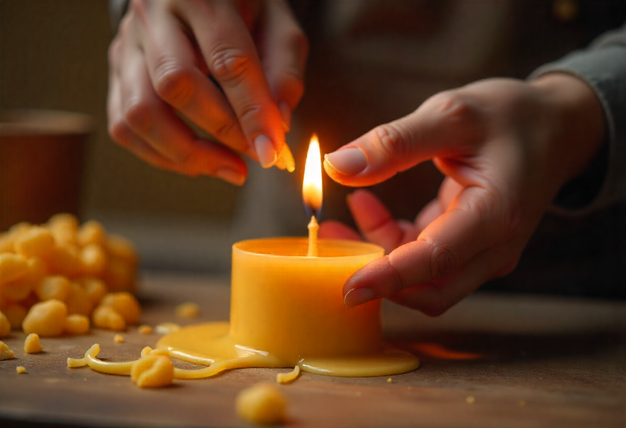 Artisan hands carefully pouring candle wax
